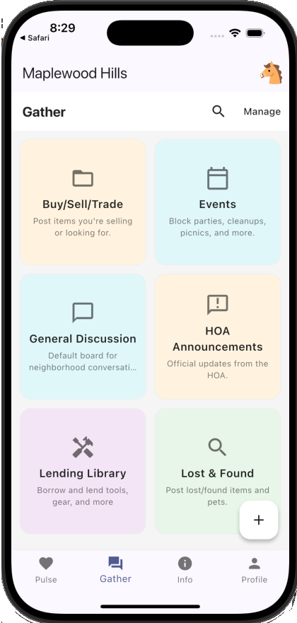 Gather forums screen